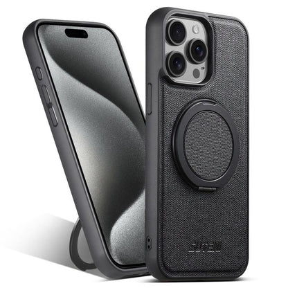 For iPhone 15 Pro Suteni G3 360 Rotation Holder MagSafe Denim Leather Back Phone Case(Black) - iPhone 15 Pro Cases by Suteni | Online Shopping UK | buy2fix