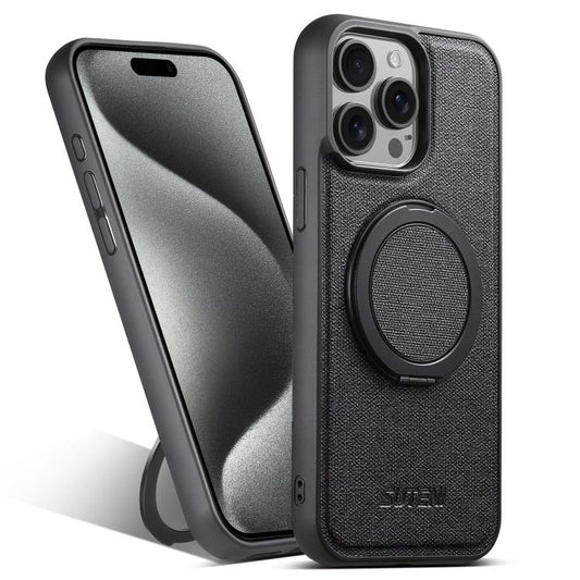 For iPhone 15 Pro Suteni G3 360 Rotation Holder MagSafe Denim Leather Back Phone Case(Black) - iPhone 15 Pro Cases by Suteni | Online Shopping UK | buy2fix