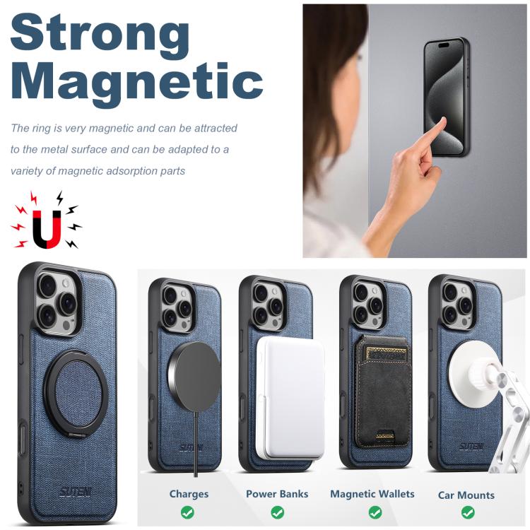 For iPhone 15 Pro Suteni G3 360 Rotation Holder MagSafe Denim Leather Back Phone Case(Blue) - iPhone 15 Pro Cases by Suteni | Online Shopping UK | buy2fix