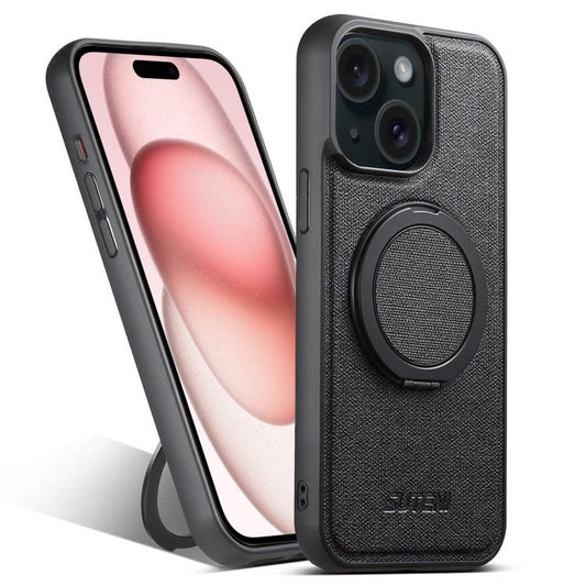 For iPhone 15 Plus Suteni G3 360 Rotation Holder MagSafe Denim Leather Back Phone Case(Black) - iPhone 15 Plus Cases by Suteni | Online Shopping UK | buy2fix