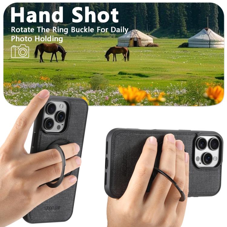 For iPhone 15 Plus Suteni G3 360 Rotation Holder MagSafe Denim Leather Back Phone Case(Black) - iPhone 15 Plus Cases by Suteni | Online Shopping UK | buy2fix