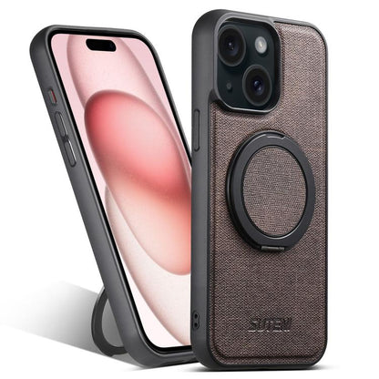 For iPhone 15 Plus Suteni G3 360 Rotation Holder MagSafe Denim Leather Back Phone Case(Brown) - iPhone 15 Plus Cases by Suteni | Online Shopping UK | buy2fix