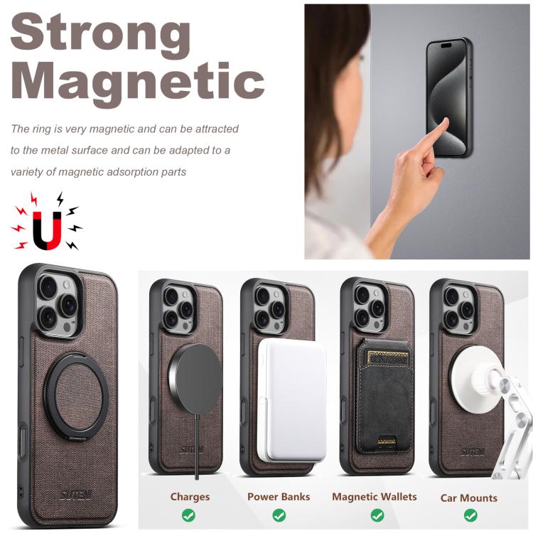 For iPhone 15 Suteni G3 360 Rotation Holder MagSafe Denim Leather Back Phone Case(Brown) - iPhone 15 Cases by Suteni | Online Shopping UK | buy2fix