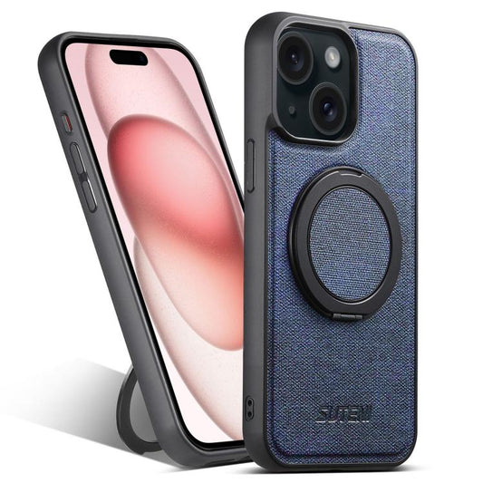 For iPhone 15 Suteni G3 360 Rotation Holder MagSafe Denim Leather Back Phone Case(Blue) - iPhone 15 Cases by Suteni | Online Shopping UK | buy2fix