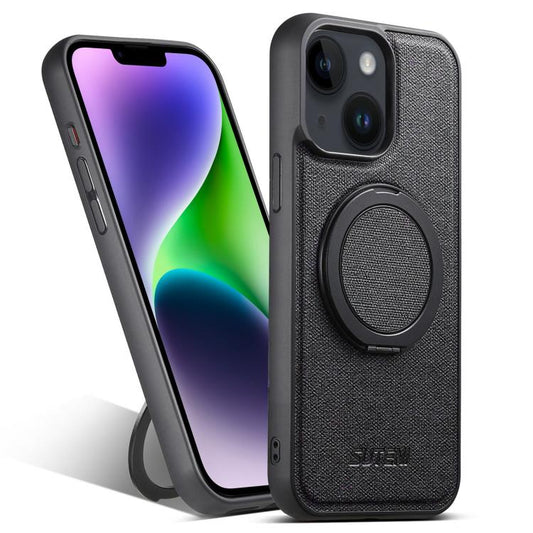 For iPhone 14 Plus Suteni G3 360 Rotation Holder MagSafe Denim Leather Back Phone Case(Black) - iPhone 14 Plus Cases by Suteni | Online Shopping UK | buy2fix