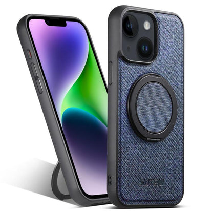 For iPhone 14 Plus Suteni G3 360 Rotation Holder MagSafe Denim Leather Back Phone Case(Blue) - iPhone 14 Plus Cases by Suteni | Online Shopping UK | buy2fix