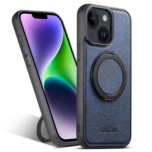 For iPhone 14 Plus Suteni G3 360 Rotation Holder MagSafe Denim Leather Back Phone Case(Blue) - iPhone 14 Plus Cases by Suteni | Online Shopping UK | buy2fix