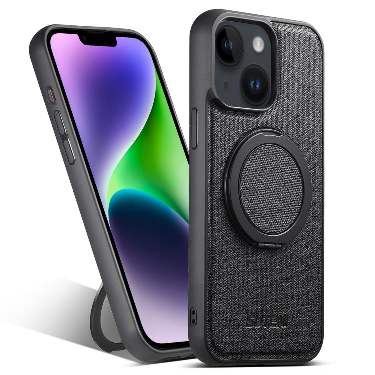 For iPhone 14 Suteni G3 360 Rotation Holder MagSafe Denim Leather Back Phone Case(Black) - iPhone 14 Cases by Suteni | Online Shopping UK | buy2fix