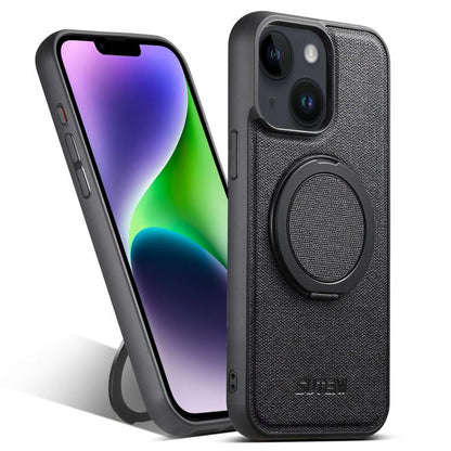 For iPhone 14 Suteni G3 360 Rotation Holder MagSafe Denim Leather Back Phone Case(Black) - iPhone 14 Cases by Suteni | Online Shopping UK | buy2fix