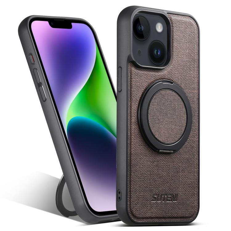 For iPhone 14 Suteni G3 360 Rotation Holder MagSafe Denim Leather Back Phone Case(Brown) - iPhone 14 Cases by Suteni | Online Shopping UK | buy2fix