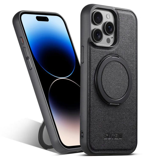 For iPhone 14 Pro Suteni G3 360 Rotation Holder MagSafe Denim Leather Back Phone Case(Black) - iPhone 14 Pro Cases by Suteni | Online Shopping UK | buy2fix