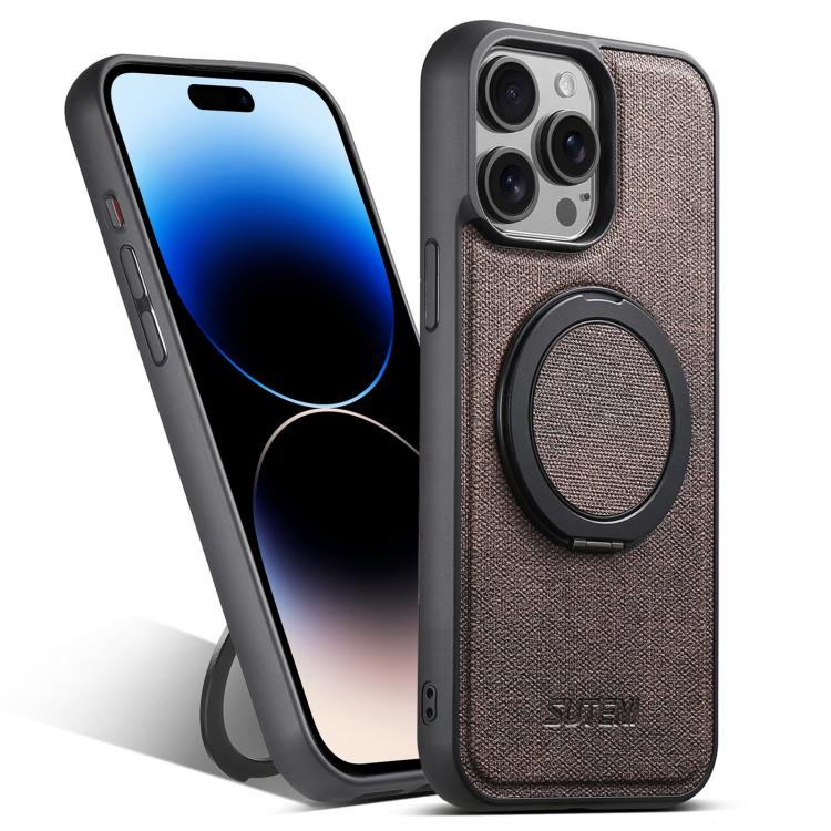 For iPhone 14 Pro Suteni G3 360 Rotation Holder MagSafe Denim Leather Back Phone Case(Brown) - iPhone 14 Pro Cases by Suteni | Online Shopping UK | buy2fix
