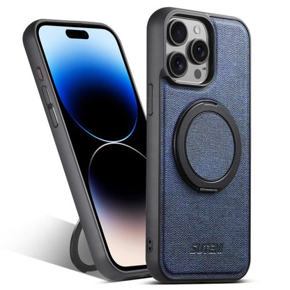 For iPhone 14 Pro Suteni G3 360 Rotation Holder MagSafe Denim Leather Back Phone Case(Blue) - iPhone 14 Pro Cases by Suteni | Online Shopping UK | buy2fix