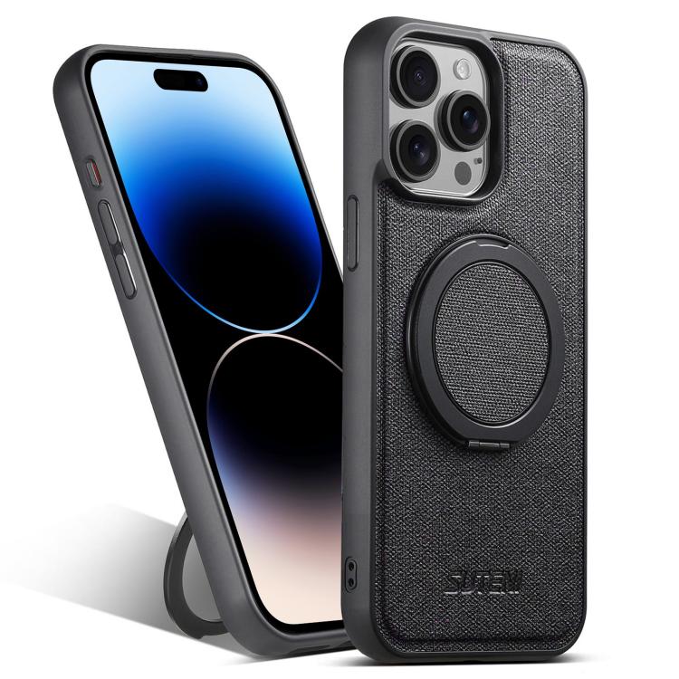 For iPhone 14 Pro Max Suteni G3 360 Rotation Holder MagSafe Denim Leather Back Phone Case(Black) - iPhone 14 Pro Max Cases by Suteni | Online Shopping UK | buy2fix