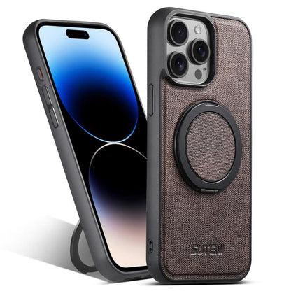 For iPhone 14 Pro Max Suteni G3 360 Rotation Holder MagSafe Denim Leather Back Phone Case(Brown) - iPhone 14 Pro Max Cases by Suteni | Online Shopping UK | buy2fix