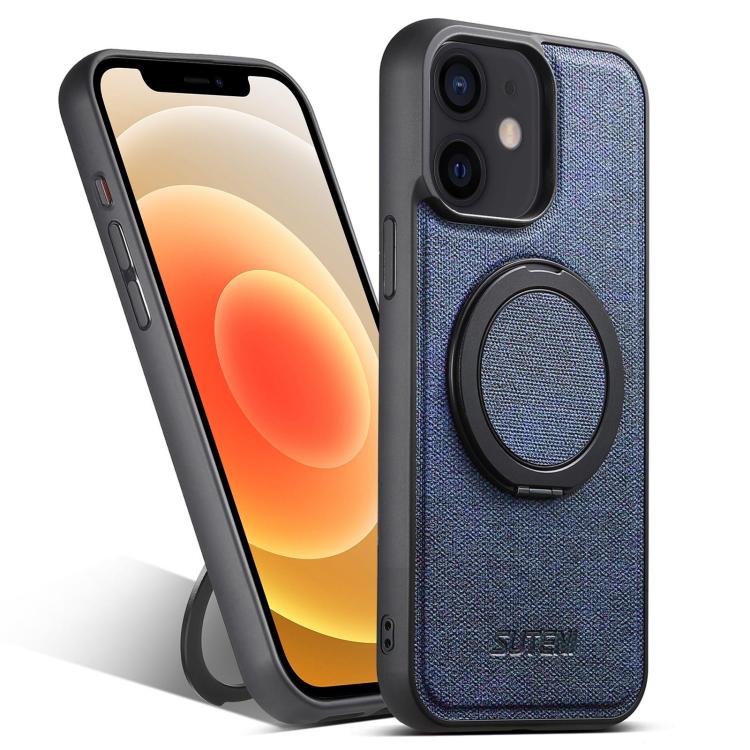 For iPhone 12 Suteni G3 360 Rotation Holder MagSafe Denim Leather Back Phone Case(Blue) - iPhone 12 / 12 Pro Cases by Suteni | Online Shopping UK | buy2fix
