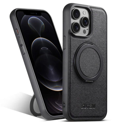 For iPhone 12 Pro Suteni G3 360 Rotation Holder MagSafe Denim Leather Back Phone Case(Black) - iPhone 12 / 12 Pro Cases by Suteni | Online Shopping UK | buy2fix
