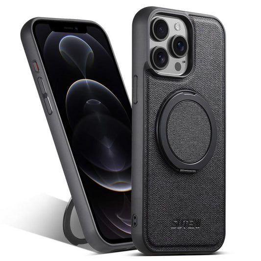 For iPhone 12 Pro Suteni G3 360 Rotation Holder MagSafe Denim Leather Back Phone Case(Black) - iPhone 12 / 12 Pro Cases by Suteni | Online Shopping UK | buy2fix