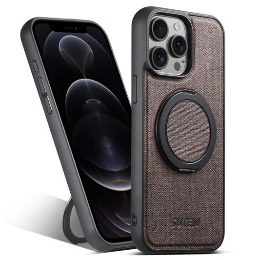 For iPhone 12 Pro Suteni G3 360 Rotation Holder MagSafe Denim Leather Back Phone Case(Brown) - iPhone 12 / 12 Pro Cases by Suteni | Online Shopping UK | buy2fix
