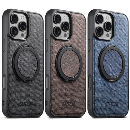 For iPhone 15 Suteni G3 360 Rotation Holder MagSafe Denim Leather Back Phone Case(Black) - iPhone 15 Cases by Suteni | Online Shopping UK | buy2fix