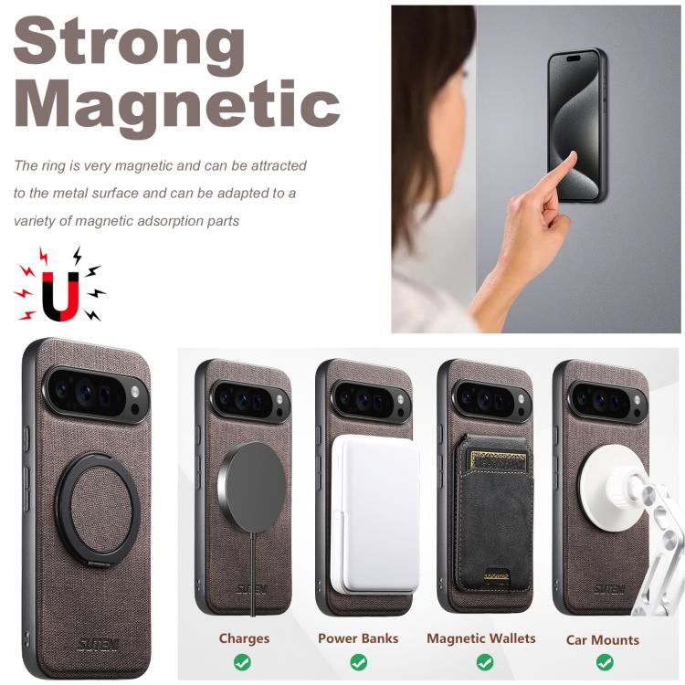 For Google Pixel 10 Pro Suteni G3 360 Rotation Holder MagSafe Denim Leather Back Phone Case(Brown) - Google Cases by Suteni | Online Shopping UK | buy2fix