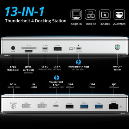 WAVLINK UTD45 96W Charging 8K / 4K Display Thunderbolt 4 Docking Station 13-in-1 Hub(US Plug) - HUB with Lan adapter by WAVLINK | Online Shopping UK | buy2fix