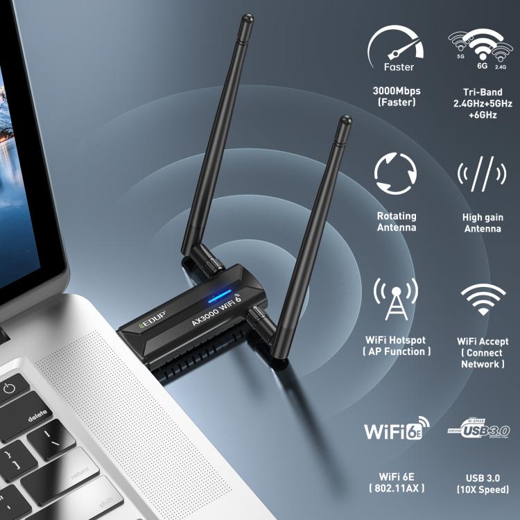 EDUP EP-AX1672 AX3000 USB 3.0 Wireless WiFi 6E Adapter 802.11g High Power Wireless USB Adapter 2.4GHz & 5GHz & 6GHz with Chipset MT7621AU - USB Network Adapter by EDUP | Online Shopping UK | buy2fix