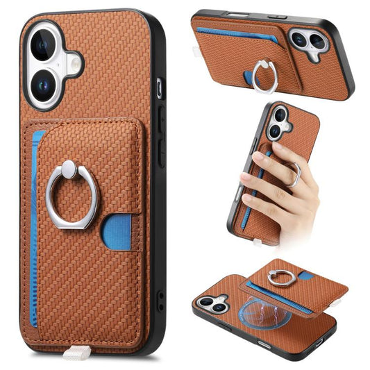 For iPhone 17 Carbon Fiber Ring Side Insert Card Bag MagSafe Phone Case(Brown) - iPhone 17 Cases by buy2fix | Online Shopping UK | buy2fix