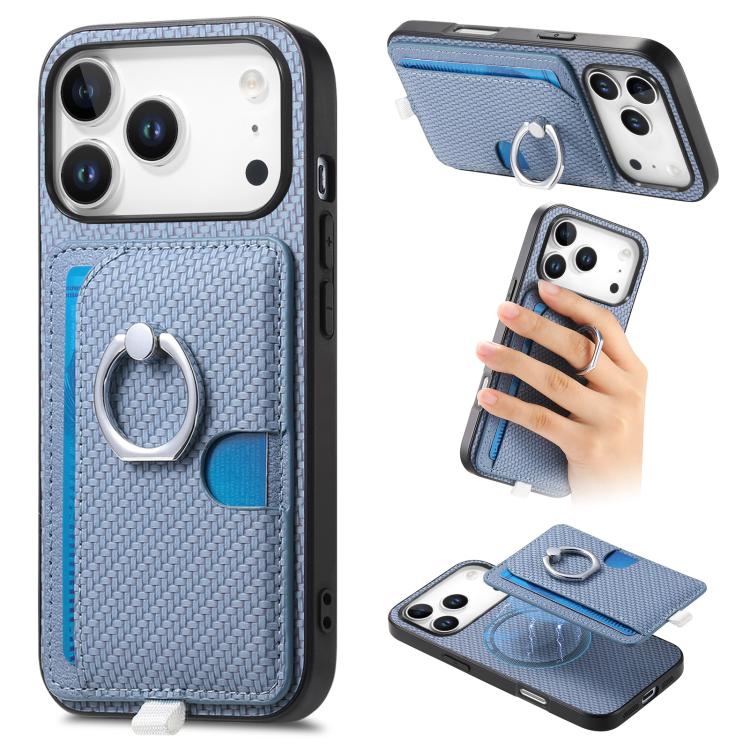 For iPhone 17 Pro Carbon Fiber Ring Side Insert Card Bag MagSafe Phone Case(Blue) - iPhone 17 Pro Cases by buy2fix | Online Shopping UK | buy2fix