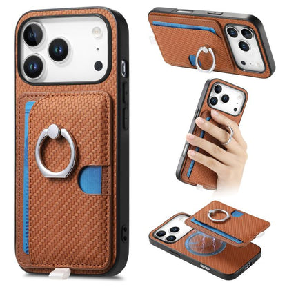 For iPhone 17 Pro Carbon Fiber Ring Side Insert Card Bag MagSafe Phone Case(Brown) - iPhone 17 Pro Cases by buy2fix | Online Shopping UK | buy2fix