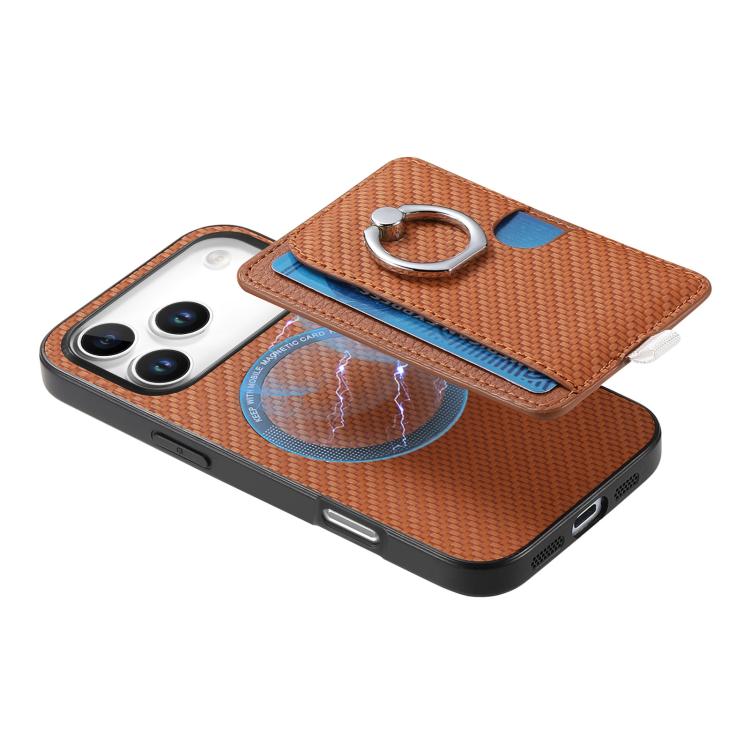 For iPhone 17 Pro Carbon Fiber Ring Side Insert Card Bag MagSafe Phone Case(Brown) - iPhone 17 Pro Cases by buy2fix | Online Shopping UK | buy2fix