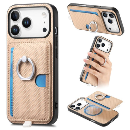 For iPhone 17 Pro Carbon Fiber Ring Side Insert Card Bag MagSafe Phone Case(Khaki) - iPhone 17 Pro Cases by buy2fix | Online Shopping UK | buy2fix
