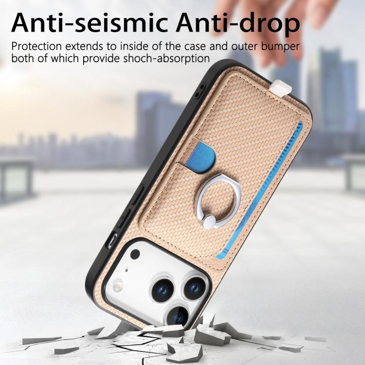 For iPhone 17 Pro Carbon Fiber Ring Side Insert Card Bag MagSafe Phone Case(Khaki) - iPhone 17 Pro Cases by buy2fix | Online Shopping UK | buy2fix