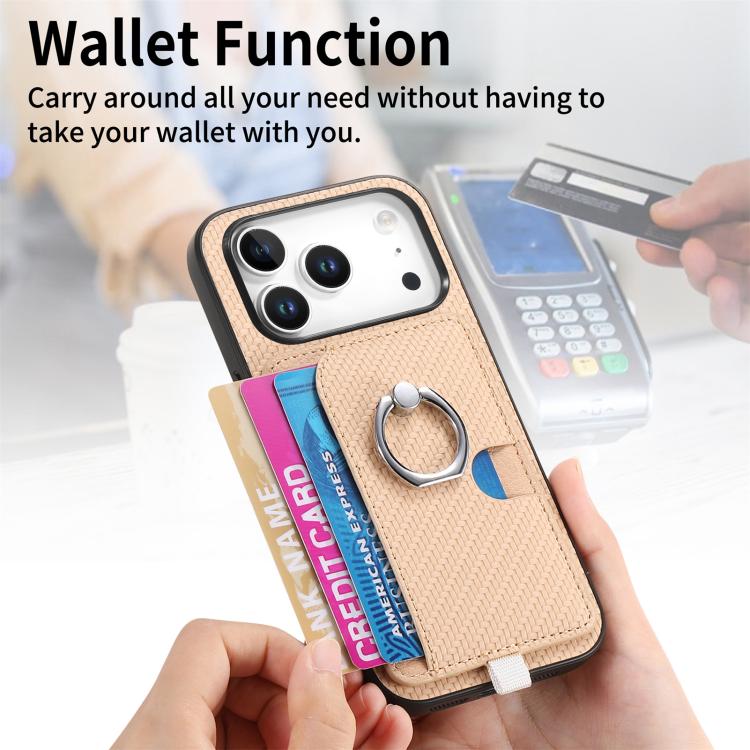 For iPhone 17 Pro Carbon Fiber Ring Side Insert Card Bag MagSafe Phone Case(Khaki) - iPhone 17 Pro Cases by buy2fix | Online Shopping UK | buy2fix