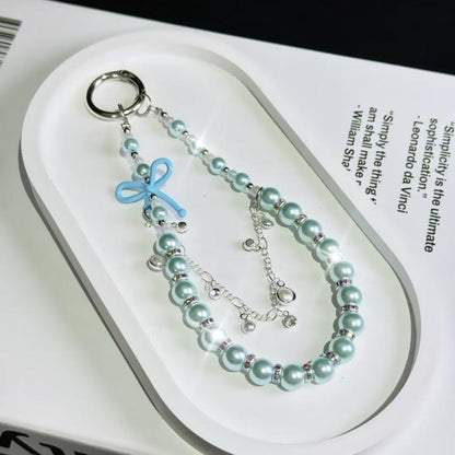 Bow Glass Pearl Mobile Phone Chain(Blue) - Lanyards & Wrist Straps by buy2fix | Online Shopping UK | buy2fix