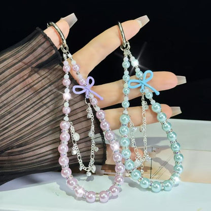 Bow Glass Pearl Mobile Phone Chain(Blue) - Lanyards & Wrist Straps by buy2fix | Online Shopping UK | buy2fix