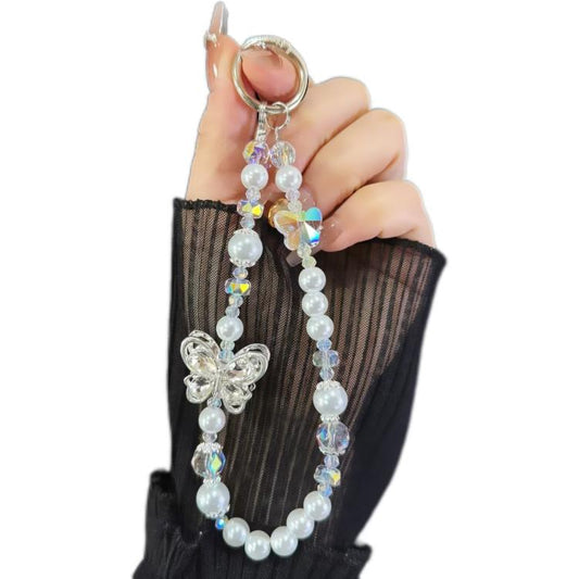 Tassel Pearl Double Butterfly Phone Chain(White) - Lanyards & Wrist Straps by buy2fix | Online Shopping UK | buy2fix