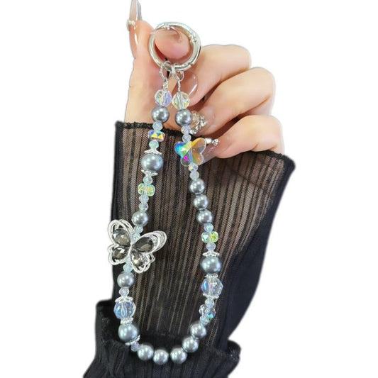 Tassel Pearl Double Butterfly Phone Chain(Grey) - Lanyards & Wrist Straps by buy2fix | Online Shopping UK | buy2fix