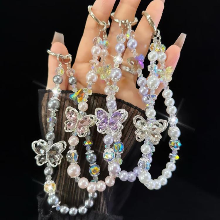 Tassel Pearl Double Butterfly Phone Chain(White) - Lanyards & Wrist Straps by buy2fix | Online Shopping UK | buy2fix