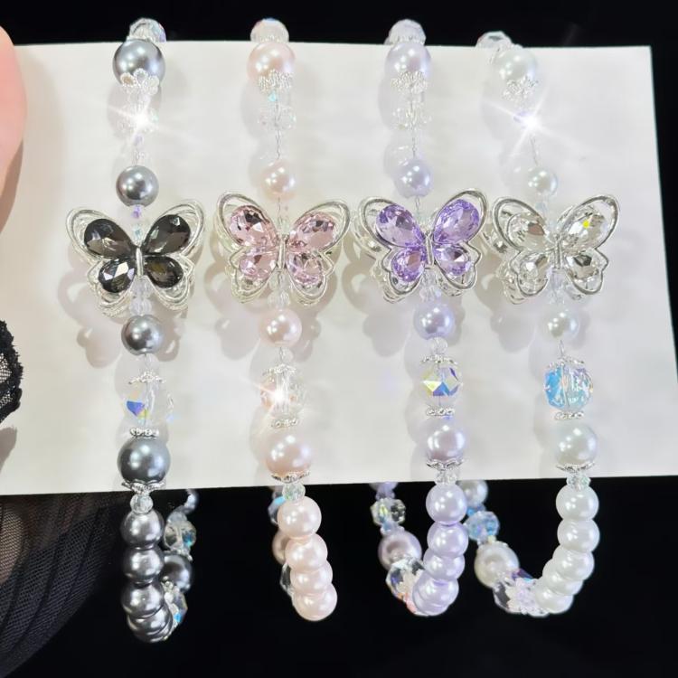 Tassel Pearl Double Butterfly Phone Chain(Pink) - Lanyards & Wrist Straps by buy2fix | Online Shopping UK | buy2fix