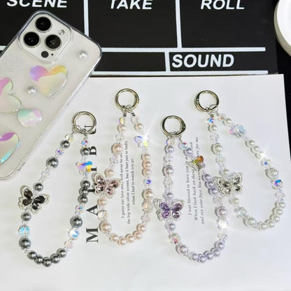 Tassel Pearl Double Butterfly Phone Chain(Pink) - Lanyards & Wrist Straps by buy2fix | Online Shopping UK | buy2fix