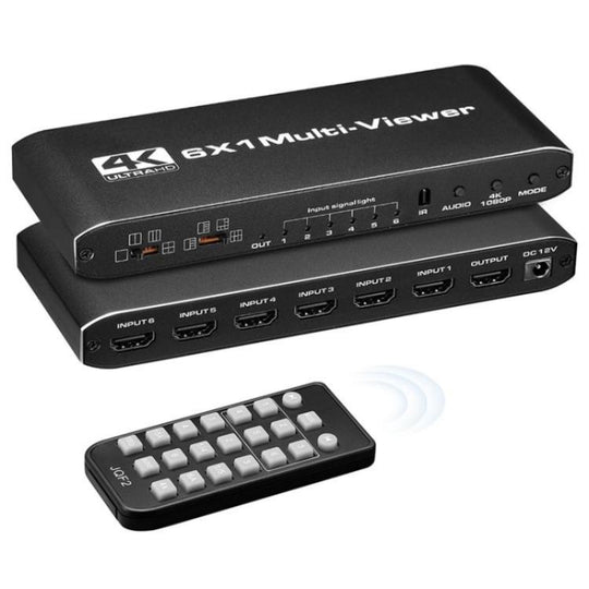 JQF2 4K Seamless Switcher Screen Splitter Multiple Display Modes 6 in 1 Out HDMI Multiviewer, Plug:US Plug