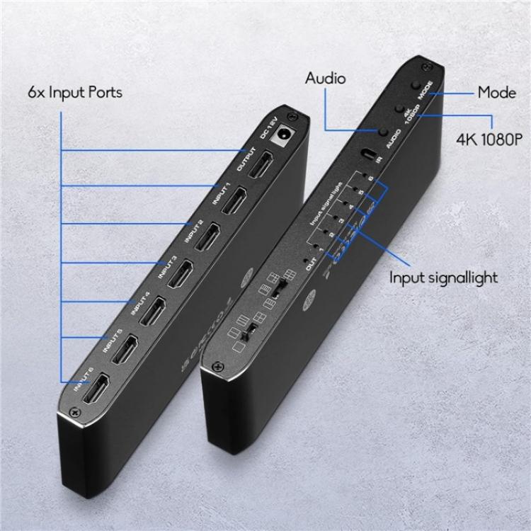JQF2 4K Seamless Switcher Screen Splitter Multiple Display Modes 6 in 1 Out HDMI Multiviewer, Plug:EU Plug - Splitter by buy2fix | Online Shopping UK | buy2fix