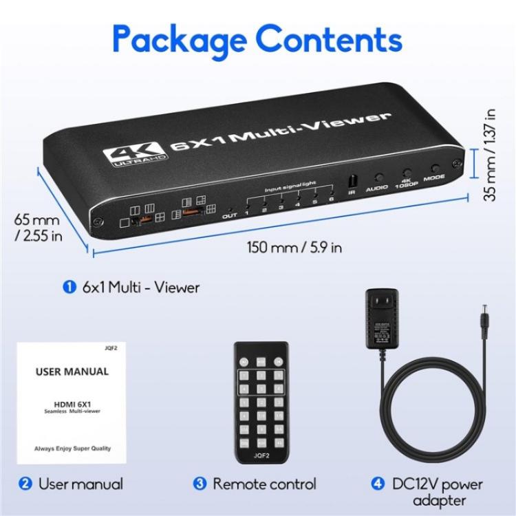 JQF2 4K Seamless Switcher Screen Splitter Multiple Display Modes 6 in 1 Out HDMI Multiviewer, Plug:US Plug - Splitter by buy2fix | Online Shopping UK | buy2fix
