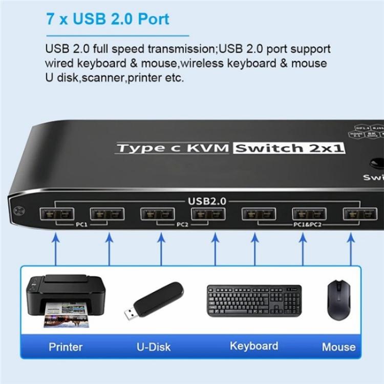 K8 With RJ45 Ethernet Port 2 In 1 Out Type C KVM Switcher 7 USB 2.0 Ports Docking Station - Switch by buy2fix | Online Shopping UK | buy2fix