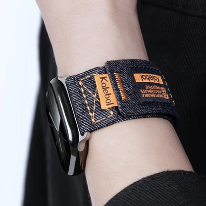 For Apple Watch 46mm / 49mm / 45mm / 44mm Kalebol Cool Denim Nylon Hook and Loop Fastener Watch Band(Black) - Watch Bands by Kalebol | Online Shopping UK | buy2fix