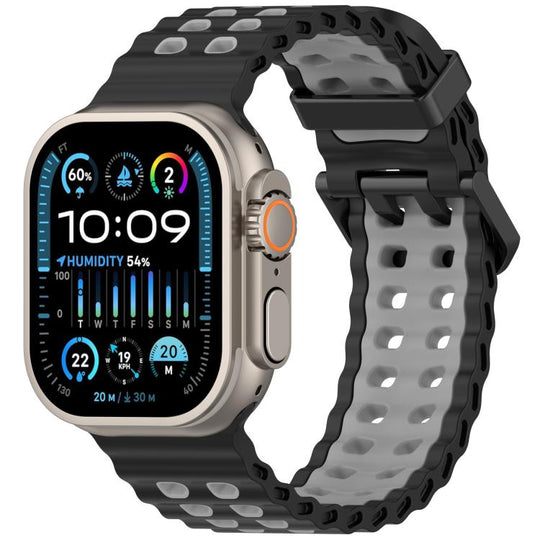 For Apple Watch 46mm / 49mm / 45mm / 44mm Ocean Double-row Hole Two-color Silicone Watch Band(Black Gray)