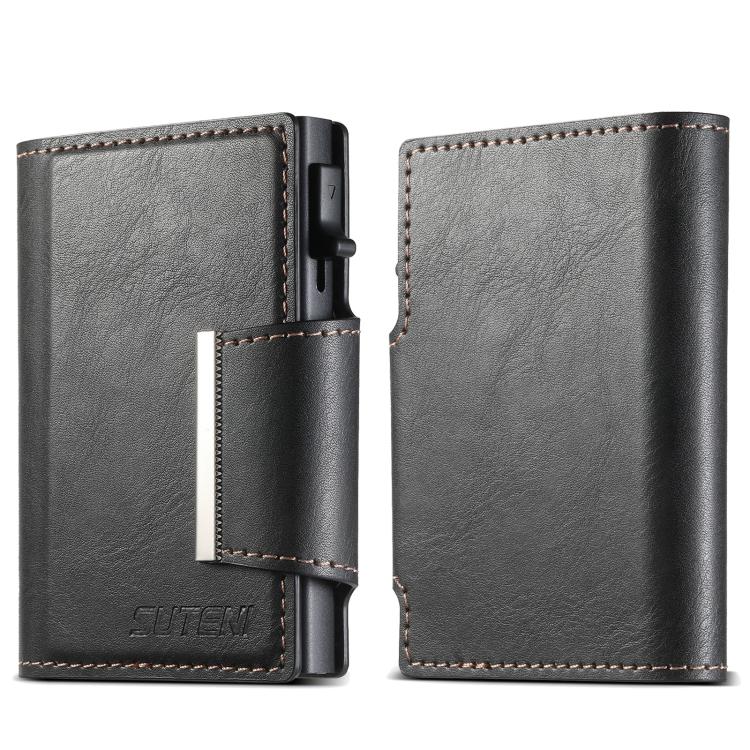 Suteni oil wax-patterned left and right buckle buttons automatically pop out the card box(Black) - Adhesive Card Holders by Suteni | Online Shopping UK | buy2fix