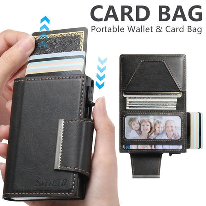 Suteni oil wax-patterned left and right buckle buttons automatically pop out the card box(Black) - Adhesive Card Holders by Suteni | Online Shopping UK | buy2fix