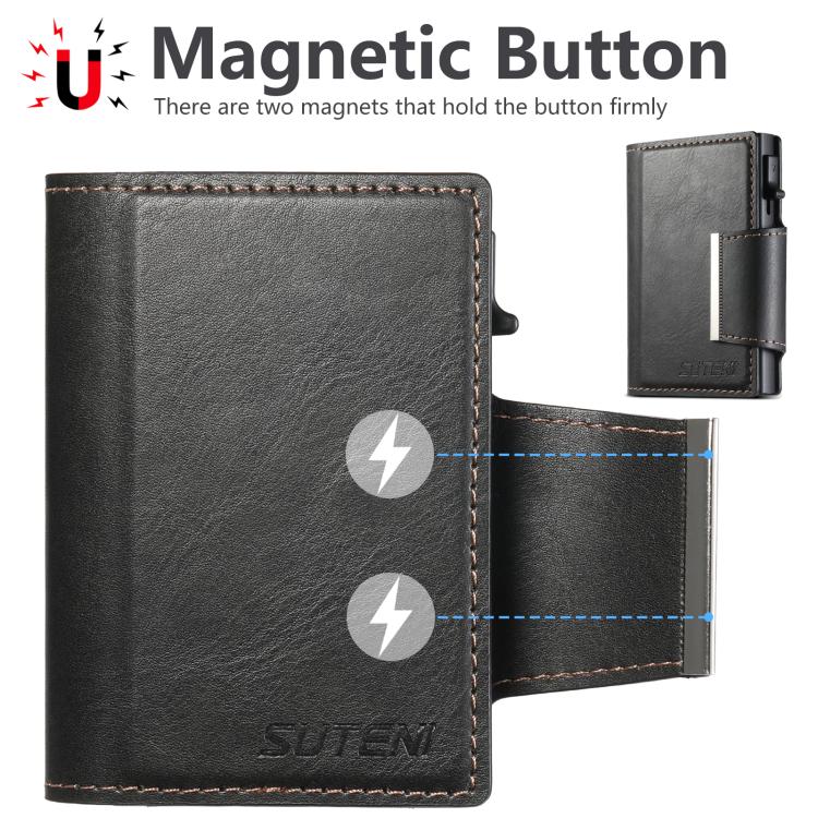 Suteni oil wax-patterned left and right buckle buttons automatically pop out the card box(Black) - Adhesive Card Holders by Suteni | Online Shopping UK | buy2fix